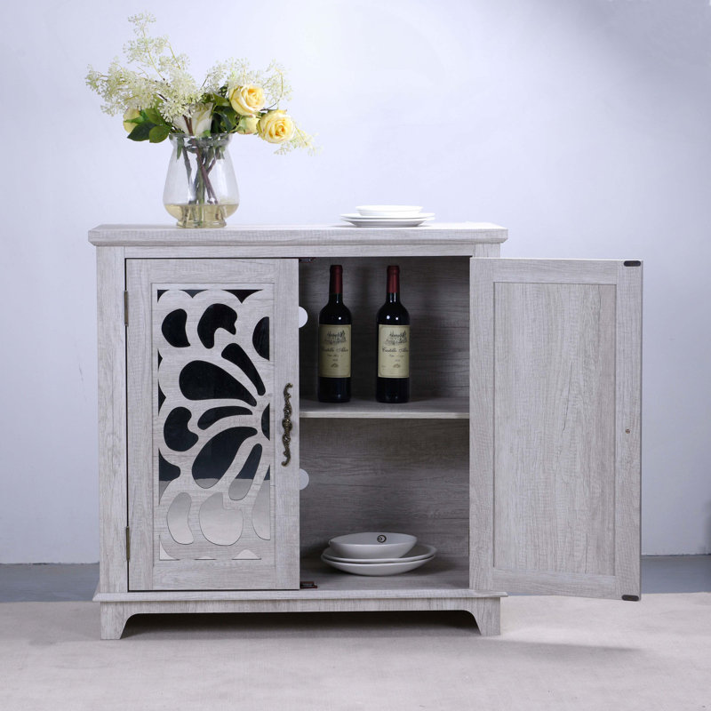 Buffet élégant avec 2 portes en miroir en acrylique et buffet avec rangement, armoire décorative creuse en stratifié gris et support en panneau de fibres à densité moyenne, tablette spacieuse réglable, salon, cuisine