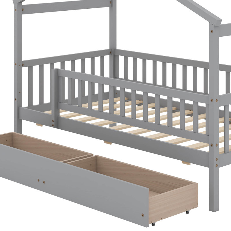 Lit en bois avec deux tiroirs, Gris, Simple