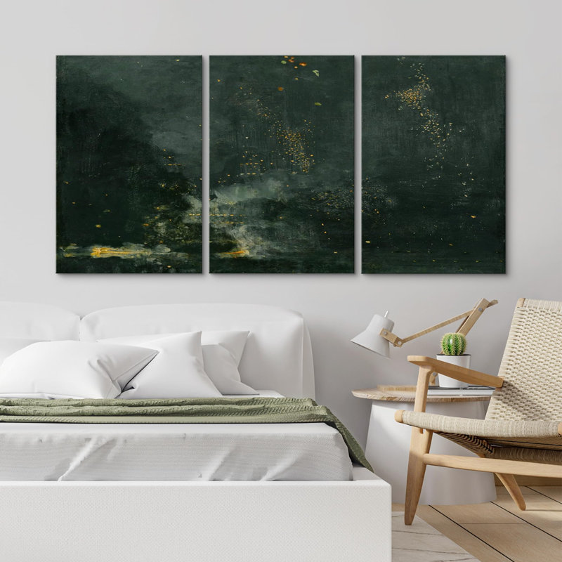 «Mystic Profondeurs abstraites avec accents dorés», 3 pièces sur toile, Toile tendue, H 24 po x l 48 po