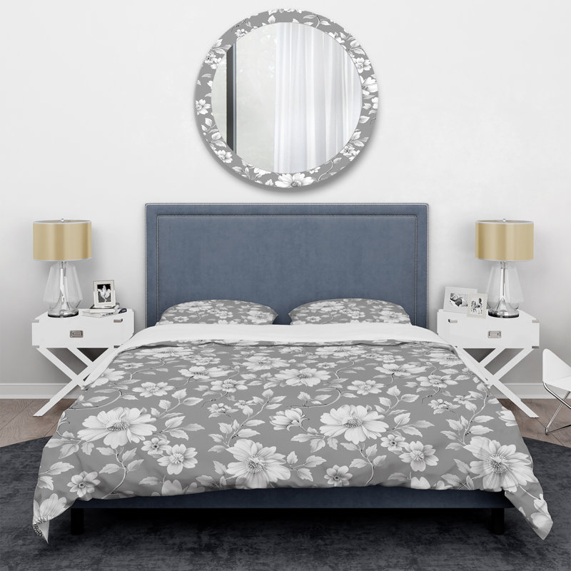 Ensemble de housse de couette transitionnel gris et blanc à motif floral Blooms II