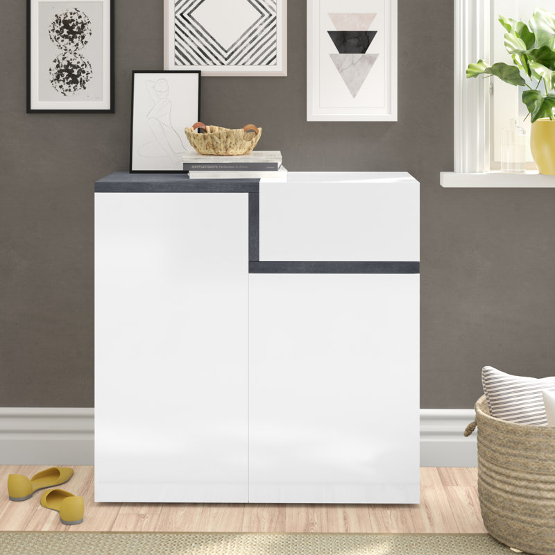 Haines 16 Pair Shoe Storage Cabinet, Glossy White/Slate