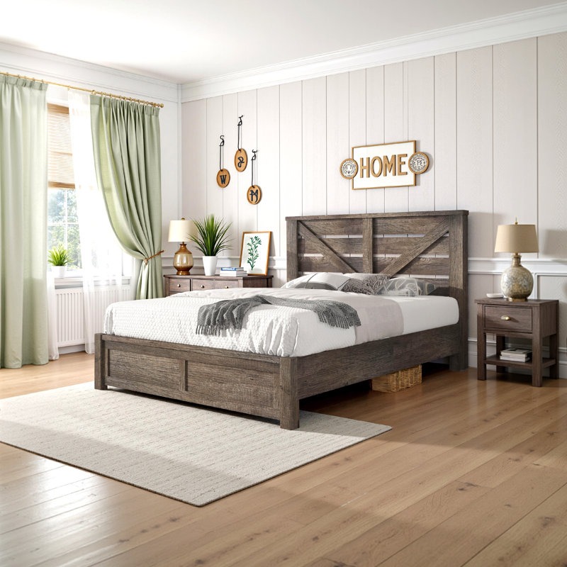 Tryston Farmhouse Queen Bed Frame with 49.2" Barn Door Headboard, Gray, Queen, Gray