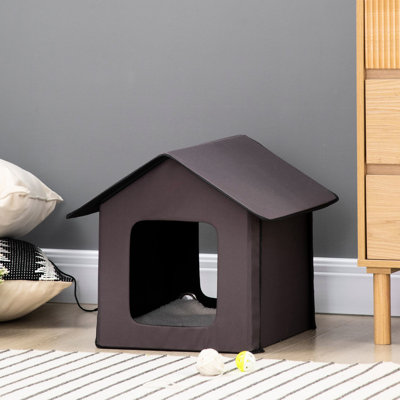Maison de chat portable, chauffée et isolée, imperméable en brun pour l'intérieur et l'extérieur, avec housse en molleton
