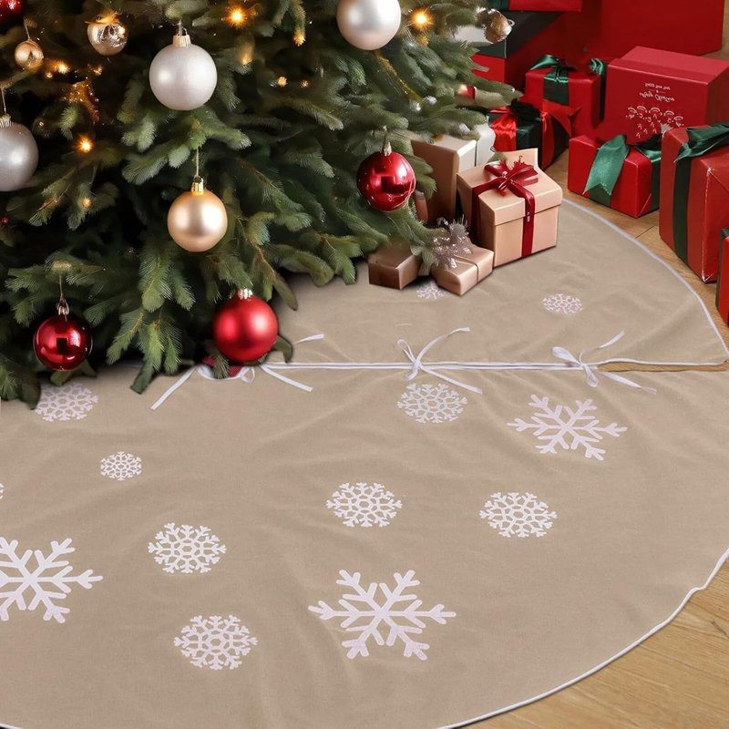 Grande jupe de sapin de Noël en toile de jute beige à motif flocons de neige, décoration rustique de style ferme pour les fêtes