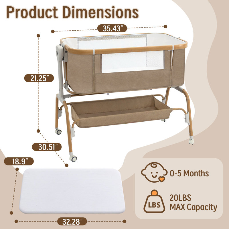 Bedside Sleeper Bassinet, Detachable Portable Baby Bassinet With Rocking Function, 8-level Height Adjustable Newborn Bed, Breathable Mesh, Storage Basket & Rotating Mobile Toy, Khaki