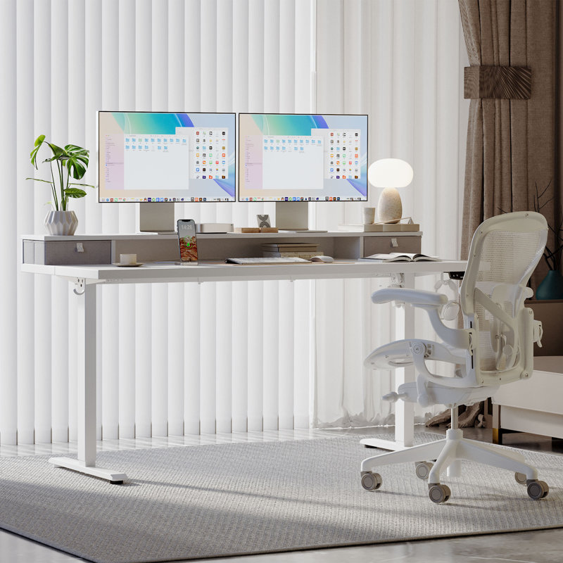 55" Electric Height Adjustable Standing Desk With Drawers,Home Office Desk with Large Monitor Shelf, White