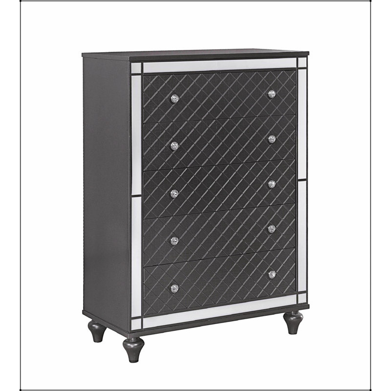 Glam Contemporary Style 5-Drawer Chest With Mirror Plating, Tapered Legs, And Grey Finish For Bedroom Storage