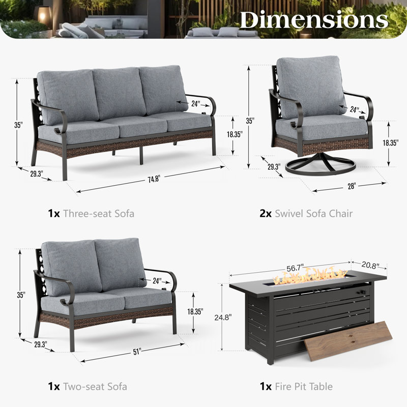 7 Person Outdoor Conversation Set With Swivel Lounge Chairs, Loveseat & Fire Pit Table, Black/Gray/Black