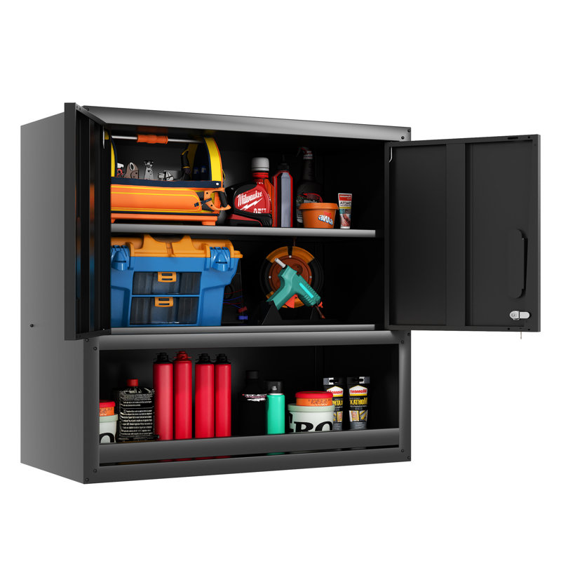Armoire de rangement murale en métal avec conception verrouillable sécurisée, 1 tablette, tiroir ouvert pour la maison, le bureau, la construction, la rouille, peu d'entretien, porte noire réglable et tablette ouverte, entrepôt,