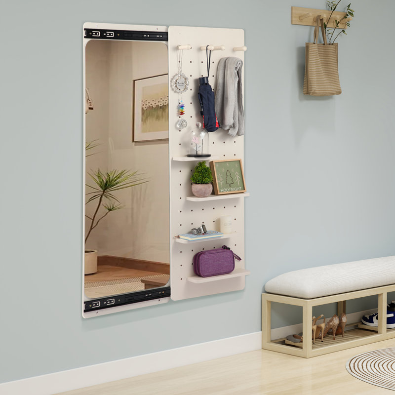 Miroir mural pleine grandeur avec tablette, miroir coulissant caché, Blanc