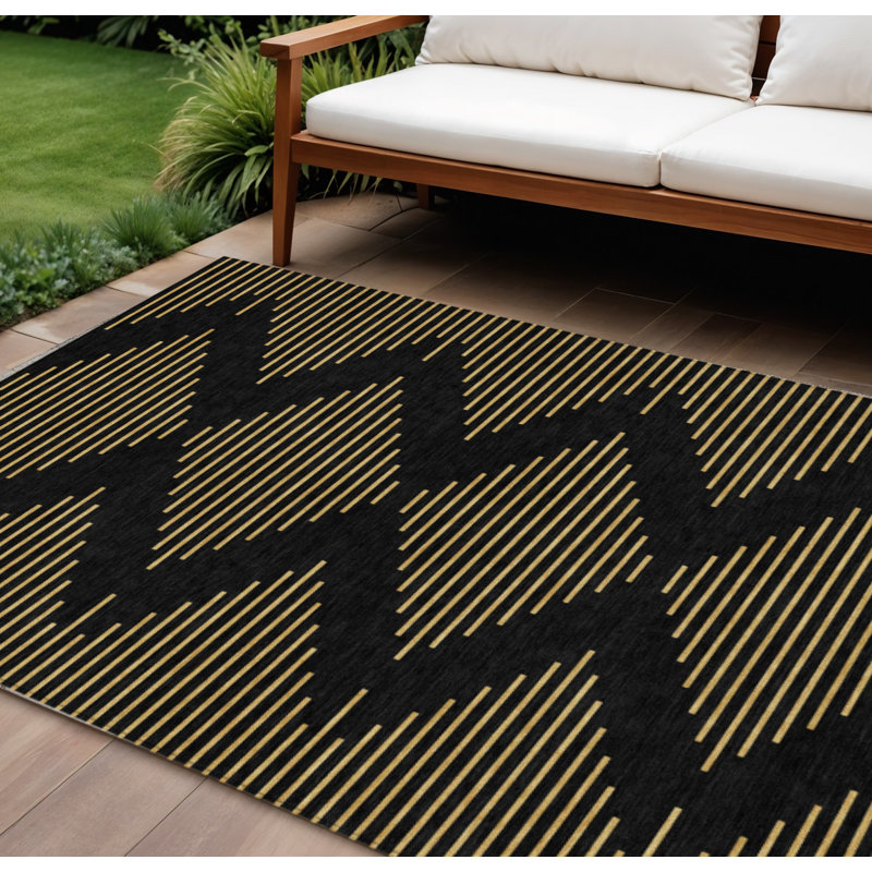Tapis intérieur lavable noir à motif géométrique 10 pi x 14 pi HomeRoots