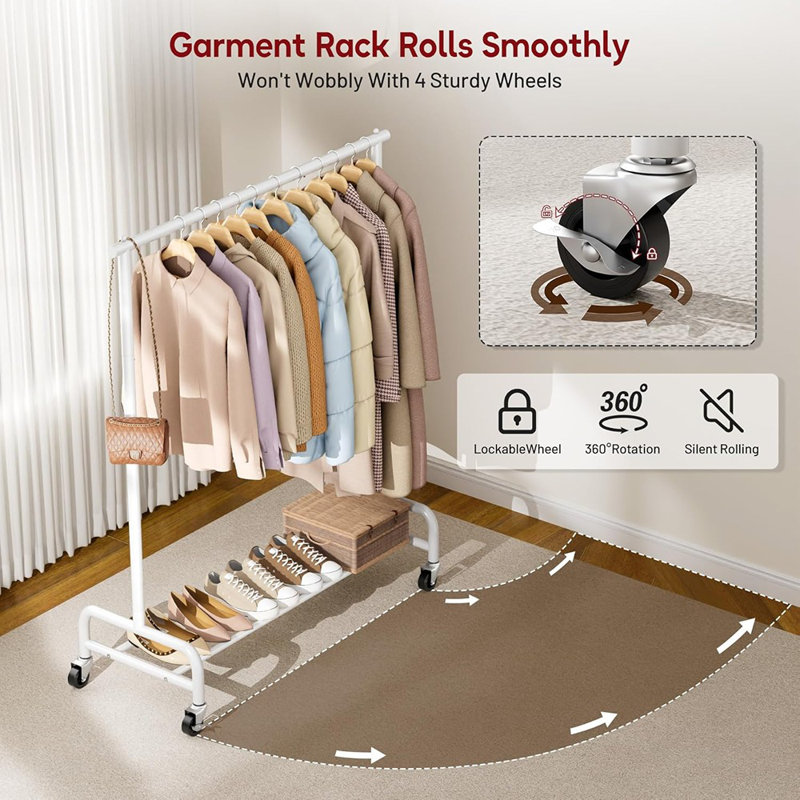 Portant à vêtements blanc sur roulettes, porte-vêtements en métal robuste de 43 po de largeur avec roulettes pour manteaux, chemises et robes