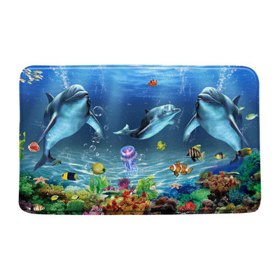 Ocean Adventure Kids Bath Mat - Blue Marine Life, Whale & Dolphin Cartoon, Underwater Sea Animal Design, Non-Slip Bathroom Carpet, 17.7 x 29.5 Inch