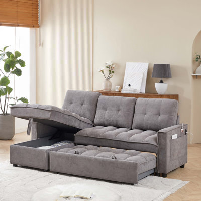 71.3" Reclining Sofa, Pull-Out Sofa Bed with USB and Type-c charging ports, L-Shaped Sectional Sofa with Reclining Storage and Arm Side Organizer Pocket Features, Living Room Comfort Sofa