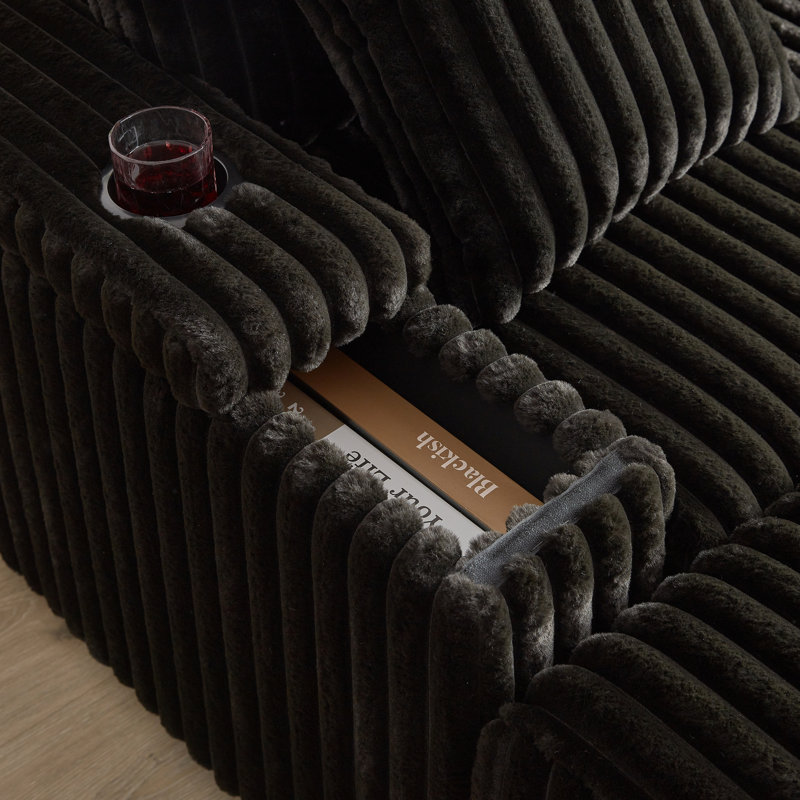 Canapé 3 places en velours côtelé de 213 cm avec coussins de dossier, 2 coussins décoratifs pour un confort optimal dans le salon, repose-pieds avec rangement et porte-gobelets, canapé à assise profonde et confortable