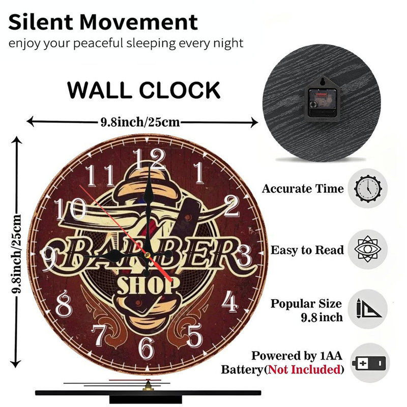 Horloge murale en bois 10 po, mouvement silencieux, à piles (piles AA non incluses), décor artistique, parfait pour les décorations