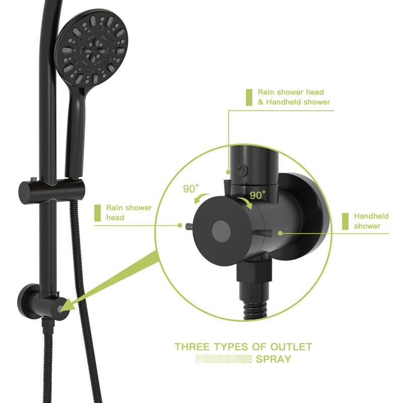 Douche noire mate avec pomme de douche 4,7 po, 7 poignées et accessoires réglables