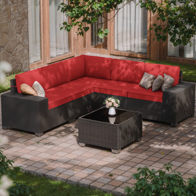 6-Piece All-Weather Outdoor HDPE Rattan Sectional Sofa Set with Cushions, Wide Armrests & Tempered Glass Coffee Table