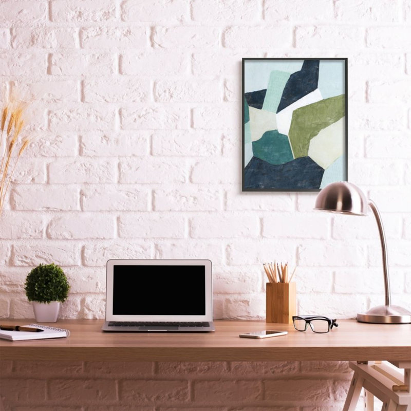 Abstrait dynamique infusé de formes bleu vert beige par Grace Popp - reproduction d'art, H 30 po x l 24 po