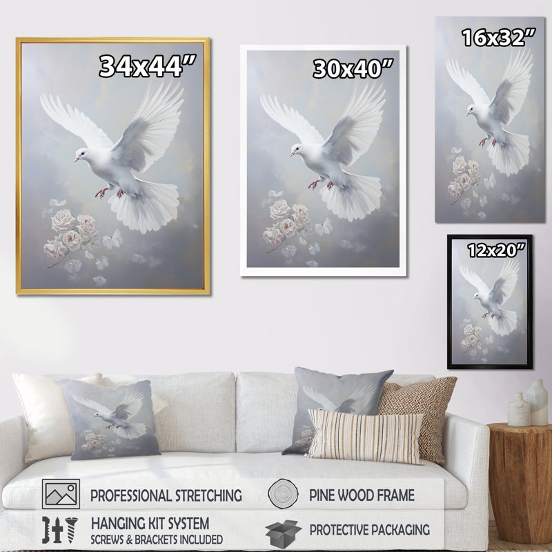 Tranquil Dove Harmony I - art mural colombe, H 32 po x l 16 po x P 1 po, Cadre simple blanc
