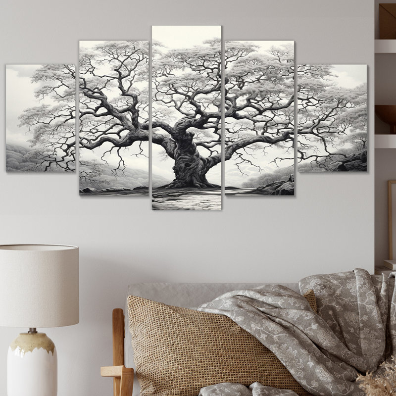 Arbre monochromes graphite rêverie - impression murale d'art floral - 5 panneaux