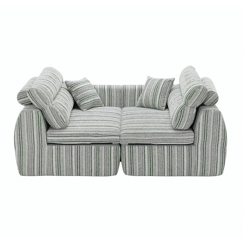 Canapé tissé à compression en chenille rayée, canapé compact à rangée droite avec éponge haute densité, canapé économiseur d'espace requis sans assemblage pour salon, appartement, bureau (blanc et sauge)