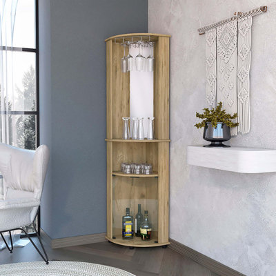 Kempwell 2-Shelf Corner Bar Cabinet With Glass Rack Macadamia