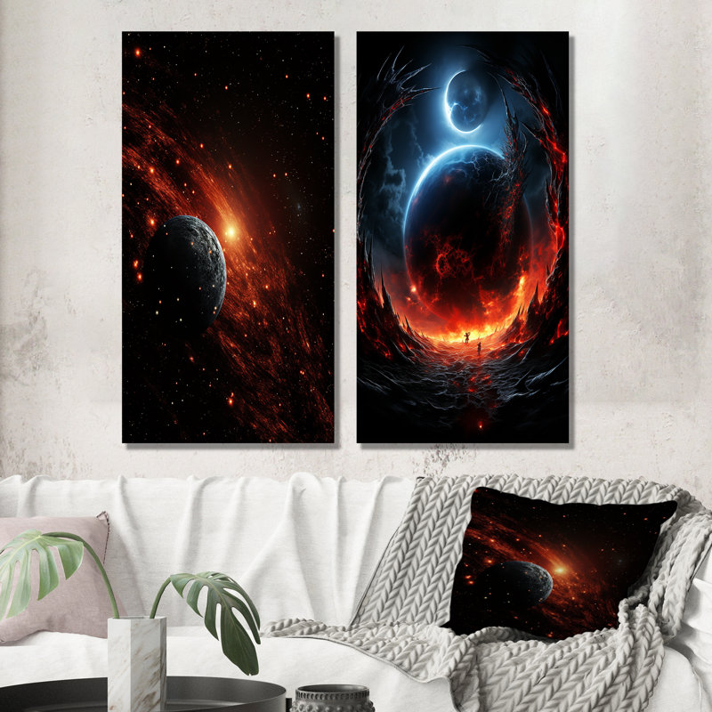 Ensemble de salon orange et noir Comets In Galaxy I - Planète comète, H 28 po x l 25 po, Toile tendue