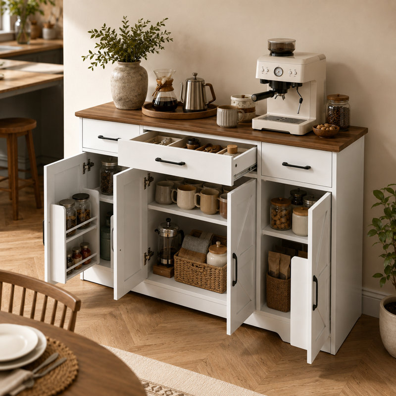 Un buffet blanc avec charnières à fermeture douce, comprenant trois tiroirs, des étagères réglables et un porte-épices.