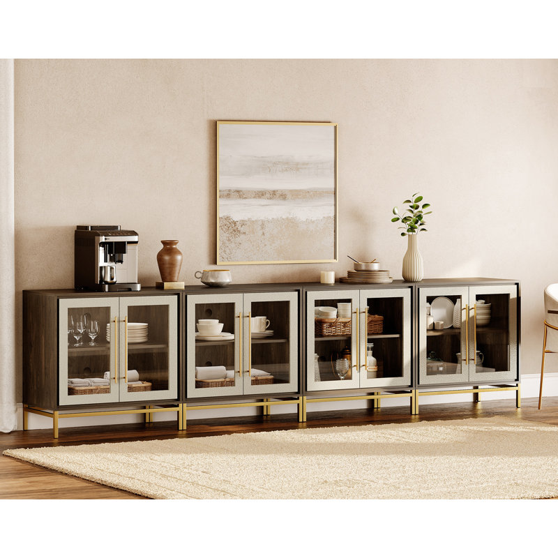  Leather Doors Sideboard Cabinet With 16" Deep Glass Cabinet