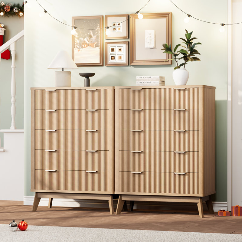 Commode 5 tiroirs cannelée, 43'h 5 tiroirs Chêne naturel
