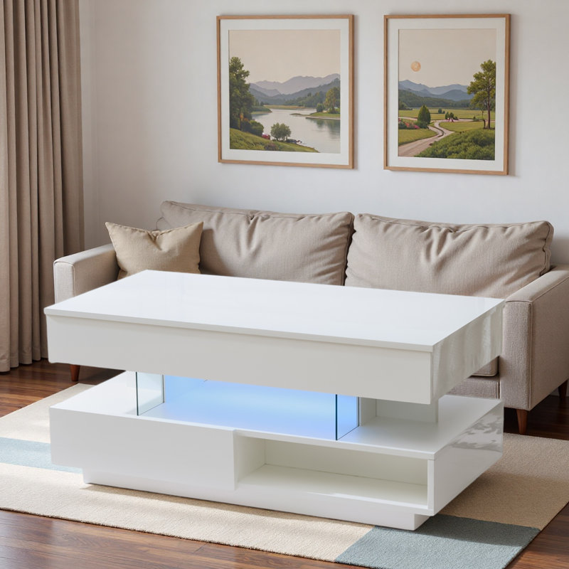 Table basse à plateau relevable avec compartiment caché, 2 tiroirs de rangement et lumières DEL réglables, Blanc