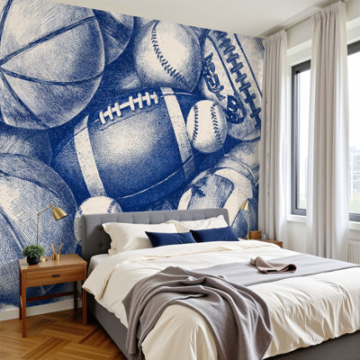 Papier peint pelez et collez Bleu marine Sports Basketball Baseball Football Football Balles murales murales H 100 po x l 144 po Papier mural amovible en PVC auto-adhésif pour chambre à coucher, salon, bureau à domicile