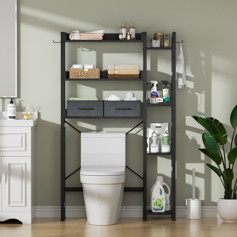Rangement autoportant au-dessus de la toilette avec 4 crochets et 2 tiroirs - 7 niveaux Pouya, Black