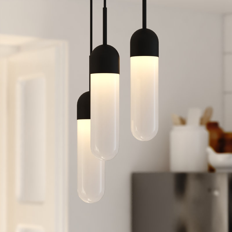 Treveion 3L Contemporary Pendant Light White Pill Glass, Matte Black