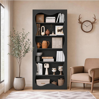Tall 6-Tier Wood Bookshelf with Wavy Scalloped Edge, Freestanding Open Bookcase Display Shelf for Living Room Office