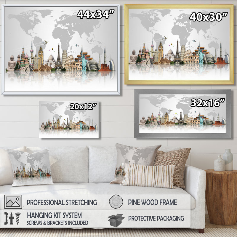 « Famous Monuments Across World », reproduction d'art graphique, H 16 po x l 32 po, Toile tendue, Sans cadre