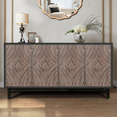 Mid Century Sideboard Buffet Cabinet With Solid Wood Legs 60" Kitchen Storage Cabinet Credenza With 4 Convex Pattern Diamond Doors And 2 Shelves Accent Console Table For Living Room  Entrance Hall Etc