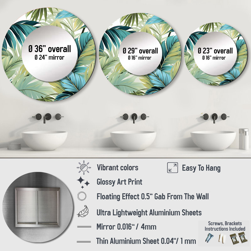 Motif tropical Palm Oasis - miroir décoratif tropical, miroir mural rond vert, impression d'art en métal, 23 po x 23 po