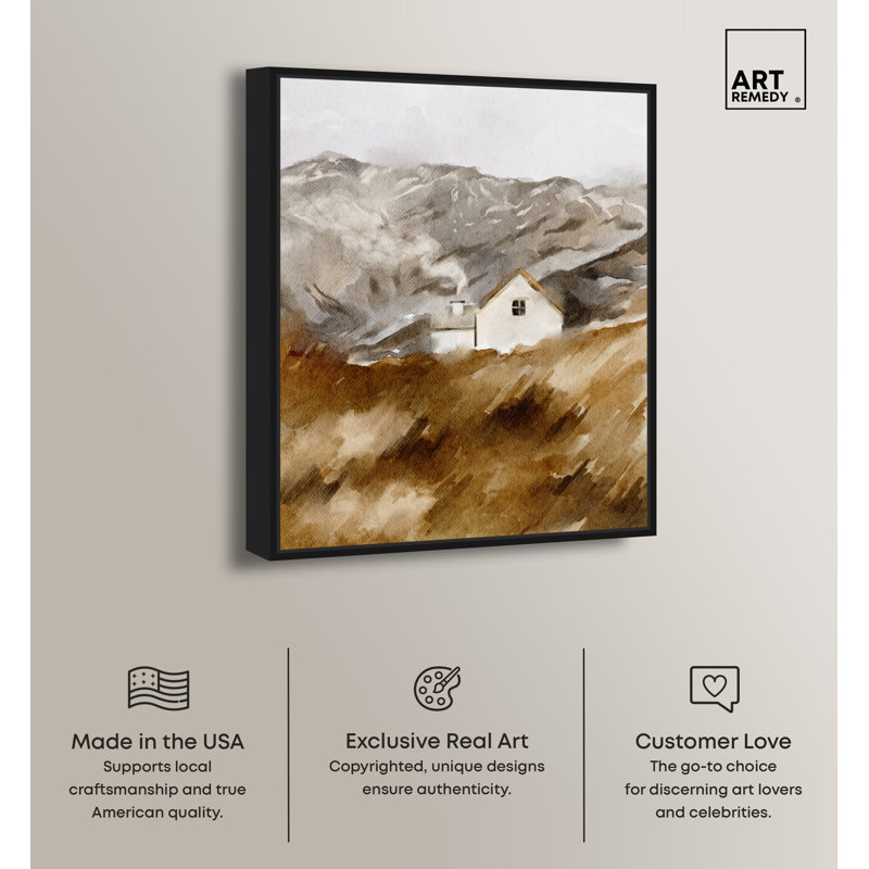 Art Remedy House in the Mountains Landscape Canvas Print with Black Frame