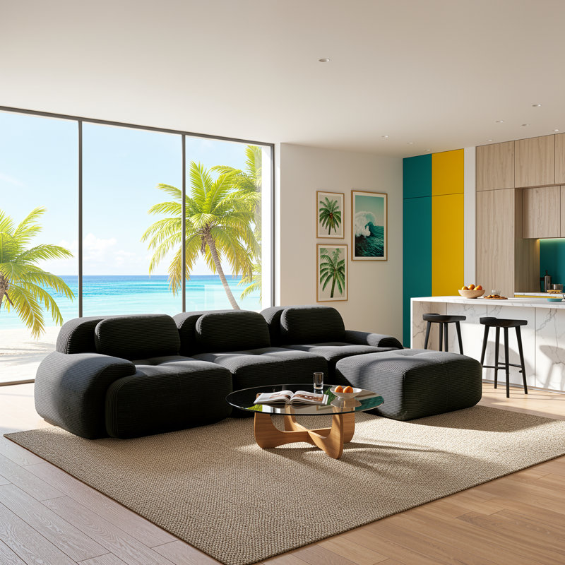 Canapé d'angle modulaire en velours côtelé de 295 cm (116 po) avec assises profondes et accoudoirs incurvés, noir minuit