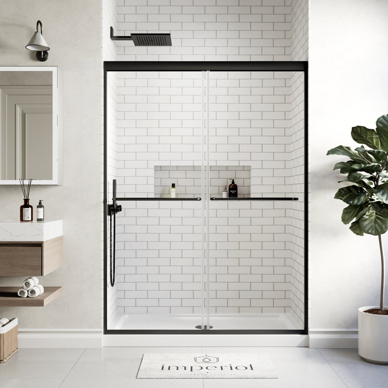 50" - 54" W x 70" H Double Sliding Semi-Frameless Shower Door with 1/4" (6mm) Crystal Clear Tempered Glass, Matte Black