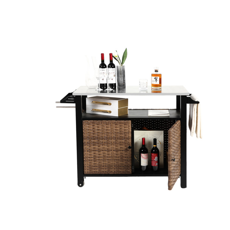 Versatile Outdoor Kitchen Island Cart With Stainless Steel Tabletop And Wheels, Brown For Patio Rolling Table Top Side Handle Bar