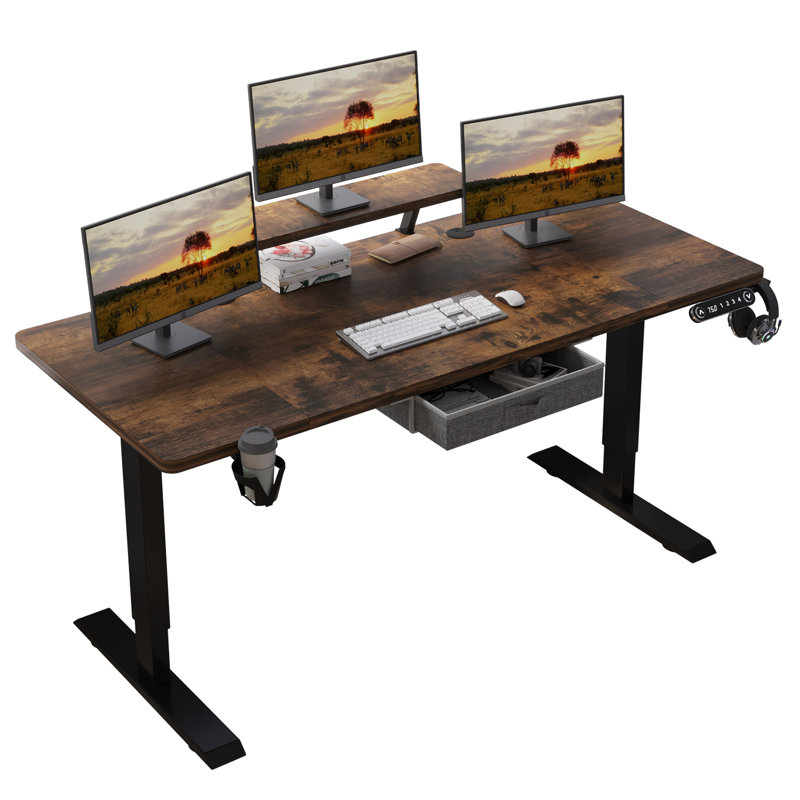 Lasherrie Height Adjustable Standing Desk With A Layer, Brown, 49" H x 63" W x 30" D