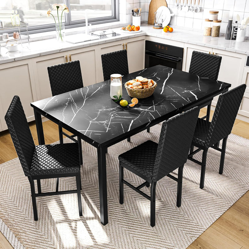 Ellice Modern Dining Room Table and Chairs Set for 6, 7-Piece Kitchen Dining Table Set with 6 Chairs & Table, Faux Marble Dining Table Set with MDF Broad & Metal Frame for Apartment, Dining Room