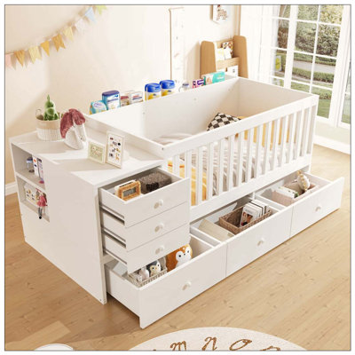 Convertible Crib to Daybed with Drawers,2-in-1 Baby Crib with Solid Wood Guardrails