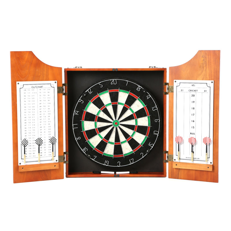 Solid Pine Beveled Wood Dart Cabinet with Steel Tip Darts