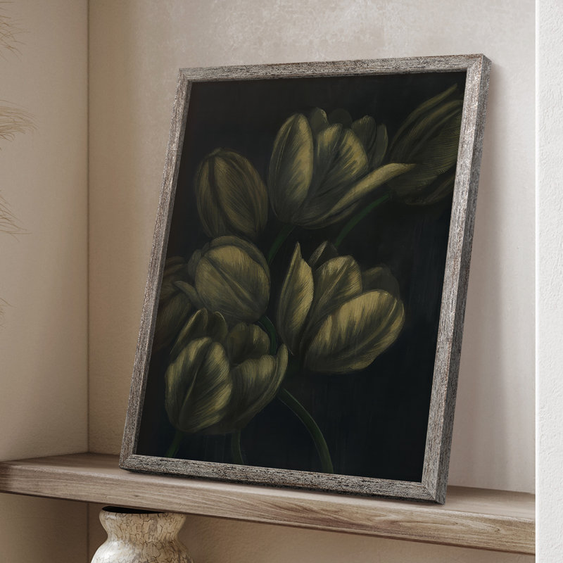 Tulipes dorées I, reproduction encadrée - bois massif