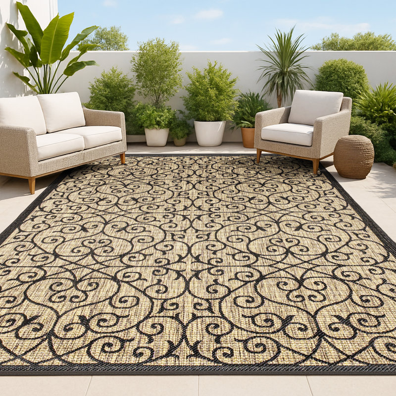 Haggerty Vintage Filigree Textured Weave Black/Khaki Indoor/Outdoor Rug, Rectangle 9' x 12'