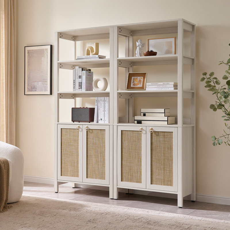 68.5''H Boho - Inspired Rattan Bookcase With Adjustable Shelf And Gold Accents, White